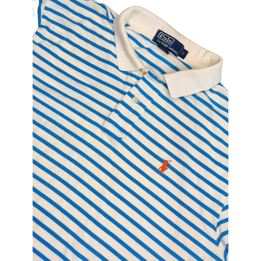 Vintage Polo Ralph Lauren Men's L Blue White Striped Pony Polo Shirt Cotton